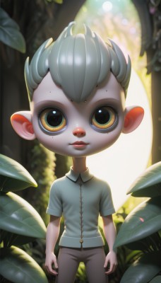 solo,looking at viewer,shirt,1boy,animal ears,standing,yellow eyes,short sleeves,grey hair,male focus,outdoors,parted lips,collared shirt,pants,blurry,tree,leaf,sunlight,child,nature,furry,forest,personification,colored sclera,freckles,furry male,male child,blue eyes,pointy ears,artist name,plant