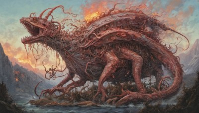 open mouth,outdoors,sky,teeth,cloud,water,tree,no humans,cloudy sky,fire,sharp teeth,nature,scenery,tentacles,monster,mountain,fantasy,extra eyes,eldritch abomination,creature