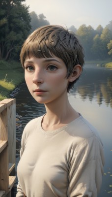 1girl,solo,breasts,looking at viewer,short hair,bangs,brown hair,shirt,long sleeves,brown eyes,collarbone,white shirt,upper body,outdoors,parted lips,day,water,sweater,tree,lips,nature,freckles,reflection,realistic,nose,white sweater,river,v-neck,lake,green eyes,small breasts,sky,sunlight,grass,scenery,forest,very short hair