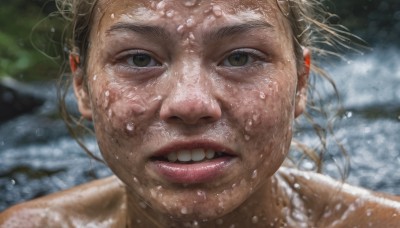 1girl,solo,looking at viewer,open mouth,brown hair,hair ornament,brown eyes,outdoors,parted lips,teeth,water,blurry,lips,wet,depth of field,blurry background,upper teeth only,portrait,close-up,realistic,nose,wet hair,smile,1boy,male focus,grin