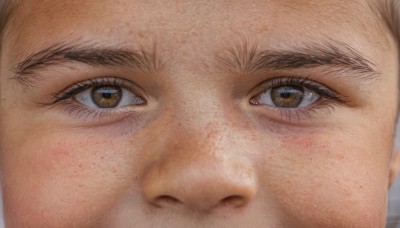 solo,looking at viewer,brown hair,1boy,brown eyes,male focus,blurry,portrait,close-up,freckles,reflection,realistic,eye focus,1girl,blush,closed mouth,lips,eyelashes