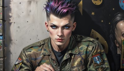 1girl,looking at viewer,short hair,blue eyes,black hair,1boy,jewelry,closed mouth,jacket,upper body,pink hair,purple hair,male focus,multicolored hair,earrings,solo focus,star (symbol),uniform,two-tone hair,lips,military,eyelashes,military uniform,makeup,scar,piercing,ear piercing,zipper,realistic,nose,emblem,stud earrings,very short hair,undercut,camouflage,badge,hair slicked back,poster (object),mohawk,patch,camouflage jacket,bangs,shiny,tattoo,ring,portrait,scar on face,serious,leather,soldier