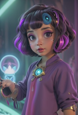 1girl,solo,looking at viewer,short hair,bangs,brown hair,shirt,black hair,hair ornament,long sleeves,dress,holding,jewelry,upper body,pink hair,purple hair,multicolored hair,parted lips,solo focus,puffy sleeves,artist name,signature,dark skin,necklace,star (symbol),nail polish,mole,blurry,black eyes,flat chest,bracelet,two-tone hair,dark-skinned female,lips,eyelashes,makeup,depth of field,blurry background,glowing,watermark,ring,thick eyebrows,lipstick,gem,purple dress,pendant,eyeshadow,freckles,pink lips,nose,wand,red lips,eyeliner,mascara,purple eyeshadow,purple eyes,fingernails,mole under eye,facial mark,web address,bangle,thumb ring