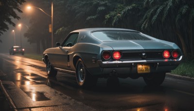 outdoors,water,tree,no humans,night,ground vehicle,scenery,motor vehicle,reflection,car,road,vehicle focus,lamppost,lights,sports car,sky,grass,rain,realistic,light,puddle