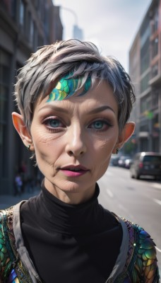 1girl,solo,looking at viewer,short hair,blue eyes,shirt,jewelry,upper body,grey hair,multicolored hair,earrings,outdoors,parted lips,teeth,day,blurry,aqua eyes,lips,makeup,depth of field,blurry background,turtleneck,piercing,lipstick,ground vehicle,portrait,motor vehicle,eyeshadow,realistic,nose,car,very short hair,old,old woman,closed mouth,pointy ears,artist name,black shirt,eyelashes,building,city,road,street,mascara