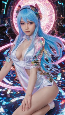 1girl,solo,long hair,breasts,looking at viewer,smile,bangs,blue eyes,shirt,cleavage,jewelry,medium breasts,blue hair,purple eyes,short sleeves,hairband,bracelet,lips,headgear,science fiction,realistic,tied shirt,hair ornament,multicolored hair,watermark