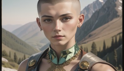 solo,looking at viewer,short hair,1boy,brown eyes,jewelry,closed mouth,male focus,earrings,outdoors,armor,blurry,lips,blurry background,cross,portrait,freckles,mountain,realistic,bald,very short hair,cross earrings,pillarboxed,1girl