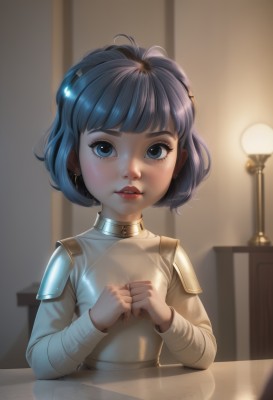 1girl,solo,looking at viewer,short hair,bangs,blue eyes,hair ornament,long sleeves,holding,jewelry,sitting,blue hair,upper body,earrings,parted lips,teeth,shiny,artist name,indoors,armor,blurry,lips,eyelashes,chair,table,child,reflection,realistic,light,lamp,makeup,bob cut,own hands together,shoulder armor,backlighting,freckles,breastplate,nose,red lips,female child