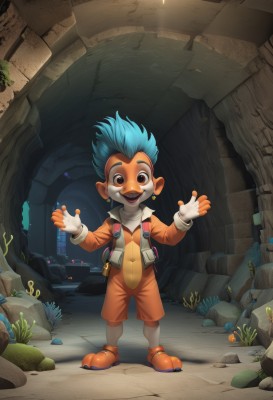 solo,looking at viewer,smile,open mouth,gloves,1boy,navel,brown eyes,jewelry,blue hair,standing,full body,:d,male focus,earrings,boots,shoes,teeth,white gloves,fingerless gloves,bag,backpack,spiked hair,furry,furry male,jumpsuit,orange footwear,1girl,short hair,bodysuit,child,rock,male child