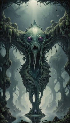 1girl,solo,standing,purple eyes,outdoors,water,tree,no humans,glowing,sunlight,nature,scenery,forest,monster,light rays,fantasy,extra eyes,plant,tentacles,creature,dripping,slime (substance),eldritch abomination