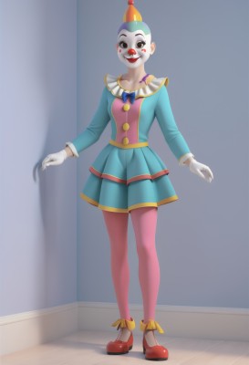 1girl,solo,breasts,looking at viewer,smile,skirt,simple background,gloves,long sleeves,hat,bow,standing,collarbone,full body,pantyhose,shoes,white gloves,bowtie,black eyes,blue skirt,no humans,makeup,shadow,blue bow,lipstick,red footwear,multicolored clothes,wooden floor,red lips,facepaint,party hat,multicolored headwear,clown,genderswap (mtf)