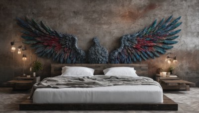 wings,indoors,pillow,no humans,bed,on bed,table,plant,scenery,feathered wings,wooden floor,potted plant,lamp,bedroom,carpet,spread wings,rug,bed sheet,feathers,black wings,wall