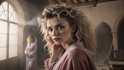 1girl,long hair,looking at viewer,blue eyes,blonde hair,1boy,upper body,solo focus,indoors,lips,grey eyes,window,makeup,wavy hair,sunlight,lipstick,messy hair,curly hair,robe,realistic,red lips,white robe,church,solo,brown hair,jewelry,smoke,nose