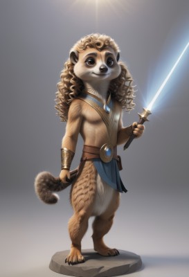 solo,long hair,looking at viewer,simple background,1boy,holding,brown eyes,jewelry,closed mouth,standing,tail,full body,weapon,male focus,sword,grey background,holding weapon,no humans,holding sword,pelvic curtain,furry,curly hair,bracer,furry male,loincloth,whiskers,energy sword,lion,lightsaber,smile,brown hair,animal ears,barefoot,belt,necklace,gem,rock,body fur,brown fur,yellow fur,spotlight