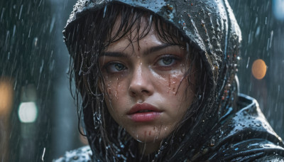 1girl, solo, looking at viewer, brown hair, black hair, outdoors, parted lips, hood, blurry, lips, wet, blurry background, portrait, rain, realistic, nose, wet hair