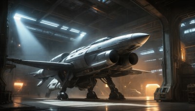 HQ,indoors,signature,military,no humans,window,robot,building,mecha,flying,science fiction,realistic,aircraft,military vehicle,airplane,light,vehicle focus,spacecraft,lights,jet,cockpit,fighter jet,variable fighter,weapon,ground vehicle,machinery