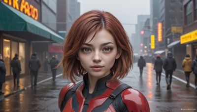 1girl,looking at viewer,short hair,brown hair,brown eyes,closed mouth,upper body,outdoors,multiple boys,solo focus,artist name,blurry,lips,bodysuit,depth of field,blurry background,watermark,building,web address,freckles,reflection,walking,science fiction,6+boys,city,sign,realistic,road,police,street,traffic light,people,crosswalk,umbrella,rain