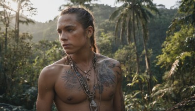 solo,long hair,blue eyes,black hair,1boy,jewelry,closed mouth,nipples,upper body,male focus,earrings,outdoors,day,artist name,dark skin,necklace,blurry,tree,looking to the side,tattoo,muscular,blurry background,looking away,dark-skinned male,thick eyebrows,pectorals,muscular male,nature,forest,freckles,topless male,realistic,arm tattoo,chest tattoo,short hair,brown hair,water,lips,wet,scar,piercing,sunlight,bara,palm tree,manly,chest hair,dog tags