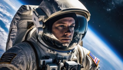 solo,blue eyes,1boy,upper body,male focus,sky,signature,facial hair,helmet,star (sky),beard,reflection,science fiction,realistic,space,planet,earth (planet),american flag,spacesuit,astronaut,bag,backpack,dirty,spacecraft,space helmet,united states