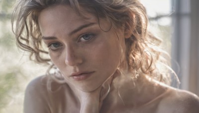 1girl,solo,long hair,looking at viewer,blue eyes,blonde hair,brown hair,closed mouth,collarbone,nude,blurry,lips,wet,grey eyes,window,depth of field,blurry background,wavy hair,portrait,freckles,curly hair,realistic,nose,bare shoulders,jewelry,earrings,eyelashes,expressionless,sunlight,close-up,backlighting