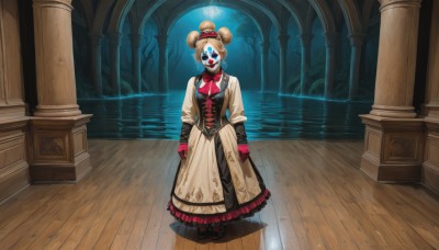 1girl,solo,breasts,looking at viewer,smile,blue eyes,blonde hair,brown hair,gloves,long sleeves,hat,dress,standing,full body,indoors,water,hair bun,tree,ascot,double bun,mask,corset,red gloves,reflection,top hat,wooden floor,pillar,pink gloves,bow,boots,frills,bowtie,black footwear,night,single hair bun,frilled dress,lipstick,column