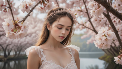 1girl, solo, long hair, breasts, brown hair, hair ornament, dress, collarbone, closed eyes, upper body, flower, parted lips, white dress, blurry, tree, lips, blurry background, cherry blossoms, realistic, branch, head wreath