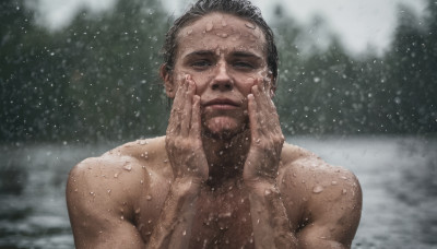 solo, looking at viewer, short hair, black hair, 1boy, upper body, male focus, nude, outdoors, blurry, blurry background, snow, snowing, realistic, hands on own face