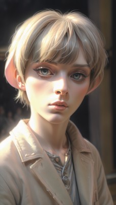 1girl,solo,looking at viewer,short hair,bangs,blue eyes,blonde hair,shirt,jewelry,closed mouth,jacket,white shirt,upper body,collared shirt,necklace,blurry,lips,grey eyes,eyelashes,buttons,depth of field,blurry background,androgynous,freckles,realistic,nose,artist name,expressionless,sunlight,portrait,brown jacket,very short hair,denim jacket