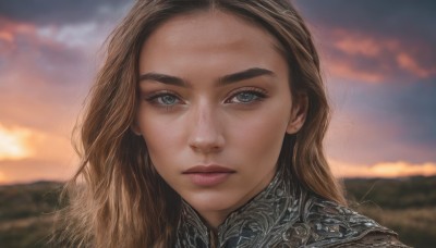 1girl,solo,long hair,looking at viewer,blue eyes,brown hair,closed mouth,outdoors,sky,cloud,blurry,lips,eyelashes,blurry background,expressionless,cloudy sky,portrait,close-up,forehead,freckles,sunset,realistic,nose,jewelry,earrings,depth of field,wavy hair,thick eyebrows