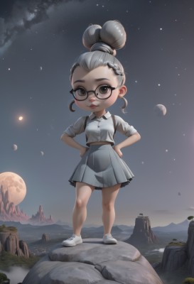 1girl,solo,looking at viewer,smile,skirt,shirt,hair ornament,brown eyes,closed mouth,standing,full body,white shirt,grey hair,pleated skirt,outdoors,sky,shoes,glasses,collared shirt,artist name,hair bun,black eyes,vest,lips,night,moon,single hair bun,white footwear,thick eyebrows,wing collar,sneakers,child,star (sky),night sky,grey shirt,full moon,grey skirt,sleeves rolled up,starry sky,black-framed eyewear,hands on hips,rock,mountain,round eyewear,female child,grey footwear,grey vest,short hair,multicolored hair,two-tone hair