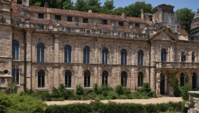 outdoors,sky,day,tree,blue sky,no humans,window,grass,plant,building,nature,scenery,door,bush,house,arch,stairs,architecture,ruins,bridge,moss