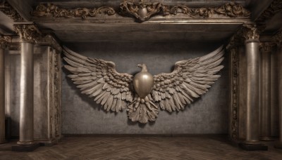 wings,indoors,no humans,scenery,feathered wings,angel wings,wooden floor,white wings,wall,pillar,statue,still life,column,shadow,bird