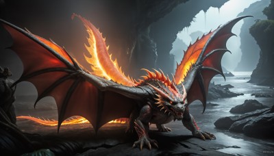 HQ,open mouth,red eyes,tail,outdoors,wings,horns,teeth,water,armor,orange eyes,no humans,glowing,fangs,fire,sharp teeth,glowing eyes,claws,spikes,monster,rock,mountain,dragon,dragon tail,scales,waterfall,dragon wings,cave,molten rock