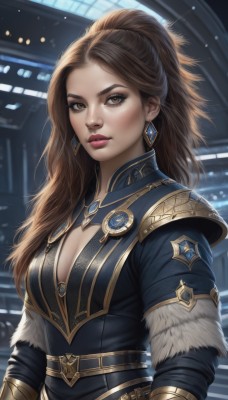 1girl,solo,long hair,breasts,looking at viewer,brown hair,long sleeves,cleavage,brown eyes,jewelry,medium breasts,closed mouth,upper body,ponytail,earrings,belt,indoors,armor,blurry,lips,fur trim,clothing cutout,eyelashes,makeup,blurry background,cleavage cutout,high ponytail,lipstick,gem,nose,red lips,large breasts,parted lips,forehead,realistic