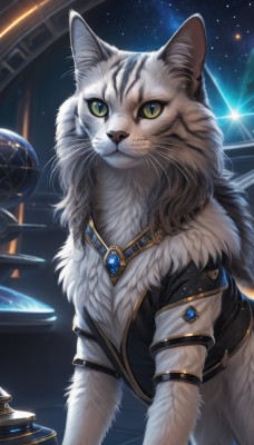 solo,looking at viewer,jewelry,closed mouth,green eyes,short sleeves,sky,signature,no humans,animal,cat,slit pupils,brooch,gem,star (sky),starry sky,colored sclera,space,animal focus,white fur,planet,yellow sclera,whiskers,blue gemstone,green sclera,necklace,realistic