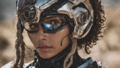 1girl,solo,looking at viewer,brown hair,brown eyes,braid,parted lips,dark skin,blurry,dark-skinned female,lips,eyelashes,blurry background,helmet,goggles,portrait,science fiction,curly hair,goggles on head,realistic,nose,very dark skin,dreadlocks,short hair,black hair,headgear,close-up