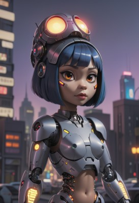 1girl,solo,breasts,looking at viewer,short hair,bangs,black hair,navel,brown eyes,closed mouth,blue hair,upper body,small breasts,outdoors,midriff,dark skin,blunt bangs,blurry,dark-skinned female,lips,orange eyes,night,blurry background,glowing,headgear,facial mark,bob cut,robot,building,science fiction,city,nose,android,joints,mechanical arms,cyborg,robot joints,cyberpunk,mechanical parts,armor,goggles,goggles on head,arms at sides,cityscape,facepaint,robot ears