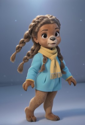 1girl,solo,long hair,looking at viewer,smile,open mouth,brown hair,long sleeves,twintails,brown eyes,standing,jacket,full body,braid,outdoors,artist name,dark skin,scarf,twin braids,dark-skinned female,coat,child,furry,snow,walking,snowing,furry female,winter clothes,female child,body fur,animal nose,blue coat,brown fur,yellow scarf,animal feet,multiple braids,parted lips,barefoot,thick eyebrows,claws,freckles