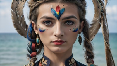 1girl,solo,long hair,looking at viewer,brown hair,hair ornament,jewelry,closed mouth,braid,multicolored hair,earrings,outdoors,sky,day,artist name,cloud,water,blurry,twin braids,blue sky,lips,grey eyes,eyelashes,makeup,depth of field,blurry background,ocean,facial mark,beach,feathers,gem,portrait,close-up,realistic,nose,red lips,feather hair ornament,straight-on,multiple braids,blue eyes,black hair,expressionless,bug,butterfly,horizon,facepaint