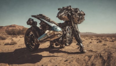 solo,weapon,outdoors,sky,day,gun,no humans,shadow,robot,ground vehicle,mecha,motor vehicle,science fiction,realistic,sand,vehicle focus,motorcycle,desert,dust,non-humanoid robot,wheel