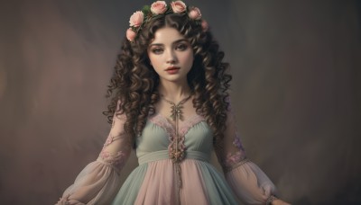 1girl,solo,long hair,breasts,looking at viewer,brown hair,hair ornament,long sleeves,dress,brown eyes,jewelry,upper body,flower,hair flower,necklace,lips,see-through,makeup,rose,wavy hair,lipstick,pink flower,curly hair,realistic,pink rose,simple background,grey background,cross