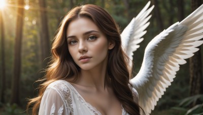 1girl,solo,long hair,breasts,looking at viewer,brown hair,dress,cleavage,brown eyes,medium breasts,collarbone,upper body,outdoors,parted lips,wings,day,white dress,blurry,tree,lips,depth of field,blurry background,wavy hair,sunlight,nature,feathered wings,lens flare,forest,angel wings,realistic,nose,white wings,angel,light rays,bokeh