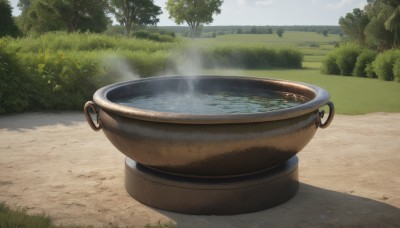 outdoors,sky,day,cloud,water,tree,cup,no humans,grass,steam,nature,scenery,forest,road,bush,blue sky,plant,smoke,realistic,coffee,river,still life