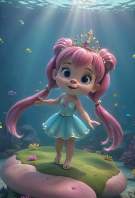 1girl,solo,long hair,looking at viewer,smile,open mouth,blue eyes,hair ornament,dress,bare shoulders,twintails,jewelry,very long hair,standing,full body,pink hair,flower,barefoot,sleeveless,artist name,water,necklace,hair bun,strapless,double bun,sleeveless dress,blue dress,short dress,sandals,sunlight,tiara,crown,gem,child,strapless dress,fish,light rays,underwater,female child,lily pad,coral,teeth,low twintails,leaf,bubble,air bubble,submerged