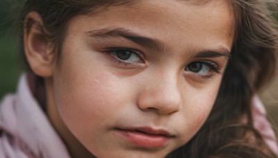 1girl,solo,looking at viewer,brown hair,black hair,gloves,1boy,brown eyes,closed mouth,male focus,solo focus,black gloves,blurry,black eyes,lips,eyelashes,portrait,close-up,realistic,nose,blurry background,serious,eye focus