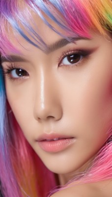 1girl,solo,long hair,looking at viewer,bangs,brown eyes,blue hair,pink hair,multicolored hair,parted lips,teeth,blurry,lips,eyelashes,gradient hair,makeup,portrait,close-up,realistic,nose,rainbow hair,blonde hair,watermark,web address,eye focus