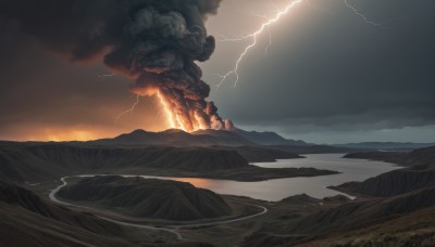 outdoors,sky,cloud,water,no humans,cloudy sky,fire,scenery,smoke,mountain,electricity,lightning,landscape,molten rock,ocean