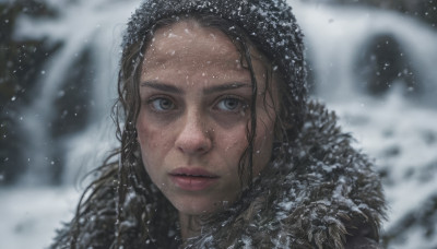 1girl, solo, long hair, looking at viewer, brown hair, black hair, brown eyes, outdoors, blurry, lips, fur trim, blurry background, portrait, snow, freckles, snowing, realistic, nose, winter