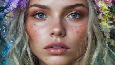 1girl,solo,long hair,looking at viewer,blue eyes,blonde hair,hair ornament,flower,parted lips,teeth,artist name,hair flower,lips,eyelashes,watermark,portrait,close-up,freckles,realistic,nose,eye focus,white hair,purple flower