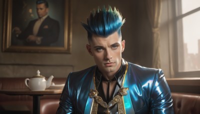 solo,looking at viewer,short hair,blue eyes,shirt,black hair,1boy,jewelry,sitting,closed mouth,blue hair,jacket,upper body,male focus,multicolored hair,shiny,indoors,necklace,two-tone hair,cup,lips,window,formal,table,curtains,blue jacket,couch,teacup,realistic,teapot,hair slicked back,painting (object),smile,open clothes,necktie,collared shirt,open jacket,black jacket,black shirt,tattoo,spiked hair